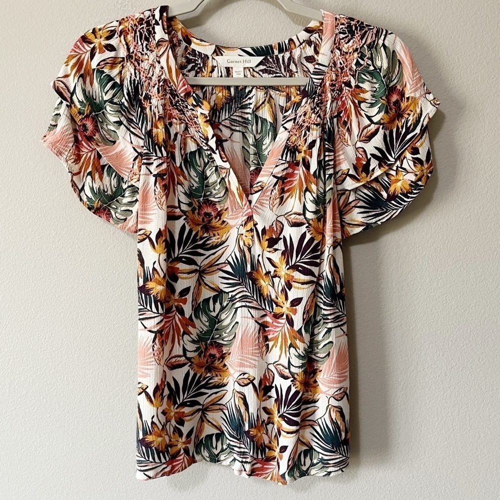 Garnet Hill Tropical Floral Print Poetica Smocked-Detail Crepe Blouse Medium